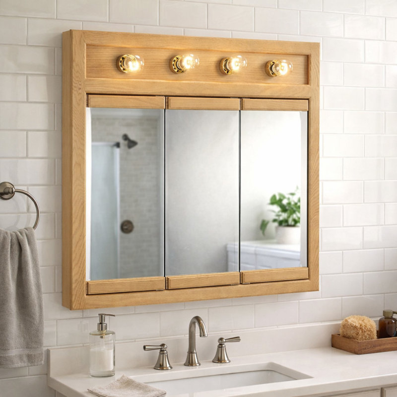 Bathroom Medicine Cabinet, Wall Mounted, Mirror, 30" H x 30" W x 5.13" D, Nutmeg Oak