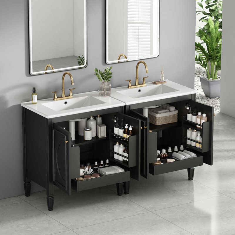 Ensemble de meuble-lavabo 60 po avec lavabo double 60 po, lavabo en céramique, portes à fermeture en douceur avec tablette, tiroir de rangement, noir