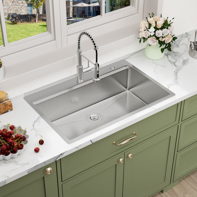 33"L x 22"W Drop In Kitchen Bar Sink Workstation Stainless Steel Single Bowl Kitchen Sink with 1 Faucet Hole, Brushed Nickel