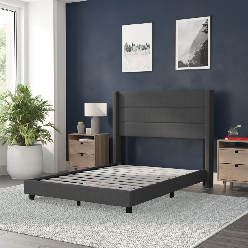 Lit plateforme tapissier avec tête de lit à oreilles et sommier à lattes, Double, Gris anthracite