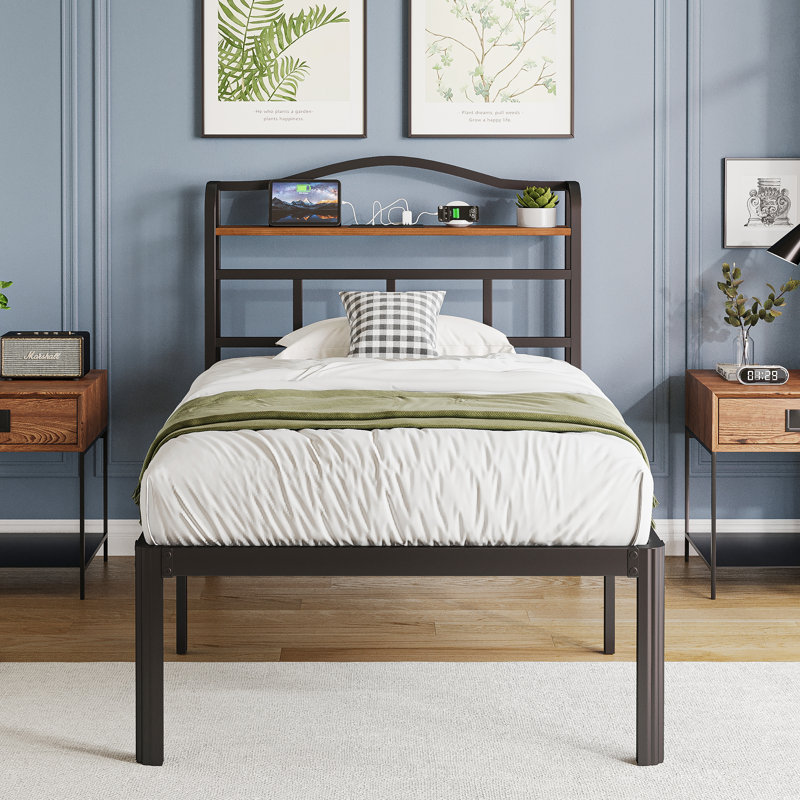 Abdalmalak 18" High Platform Bed Frame with USB & Type C Charging Station, No Box Spring, No Squeak, Twin