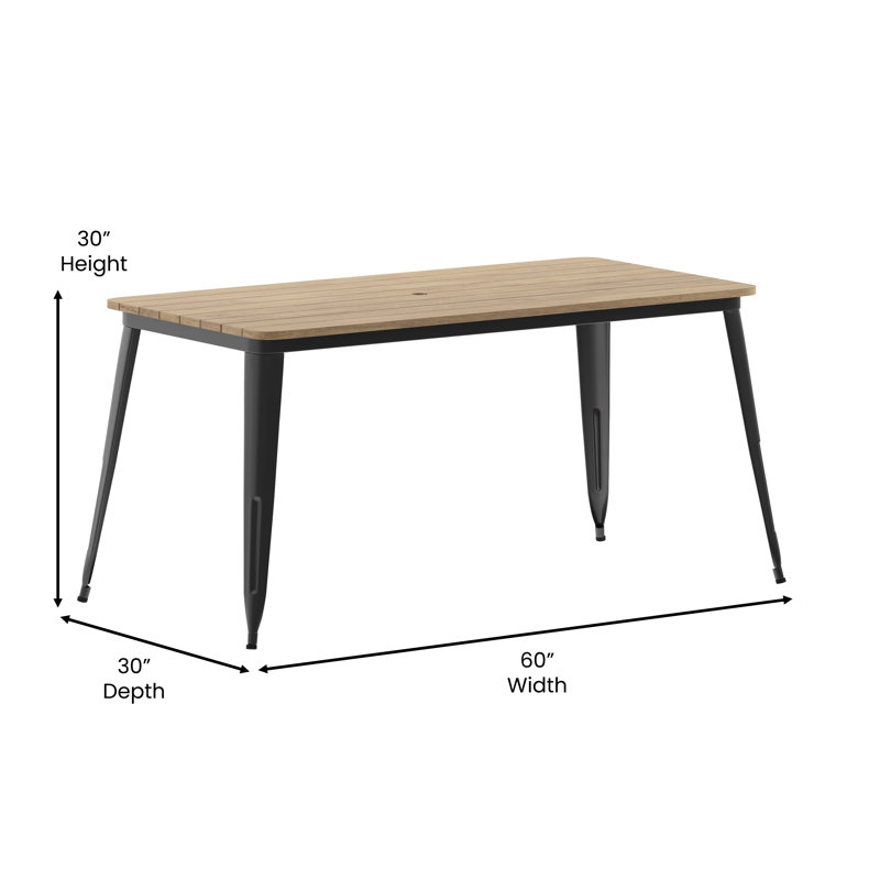 Guenot 30" x 60" Commercial Indoor/Outdoor Poly Resin Restaurant Table with Umbrella Hole, Brown Top/Black Base