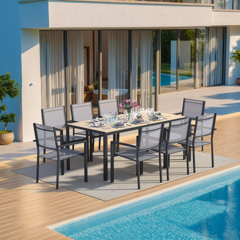 9-Piece Outdoor Dining Set with Rectangular Table and 8 Stackable  Textile Chairs, Brown