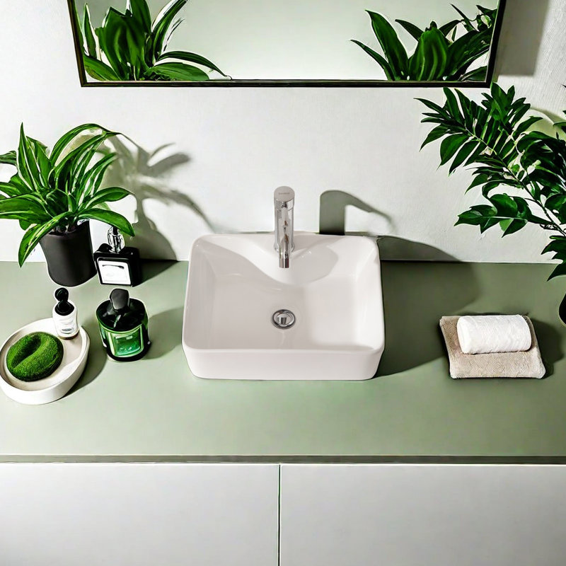 19" White Ceramic Rectangular Vessel Bathroom Sink