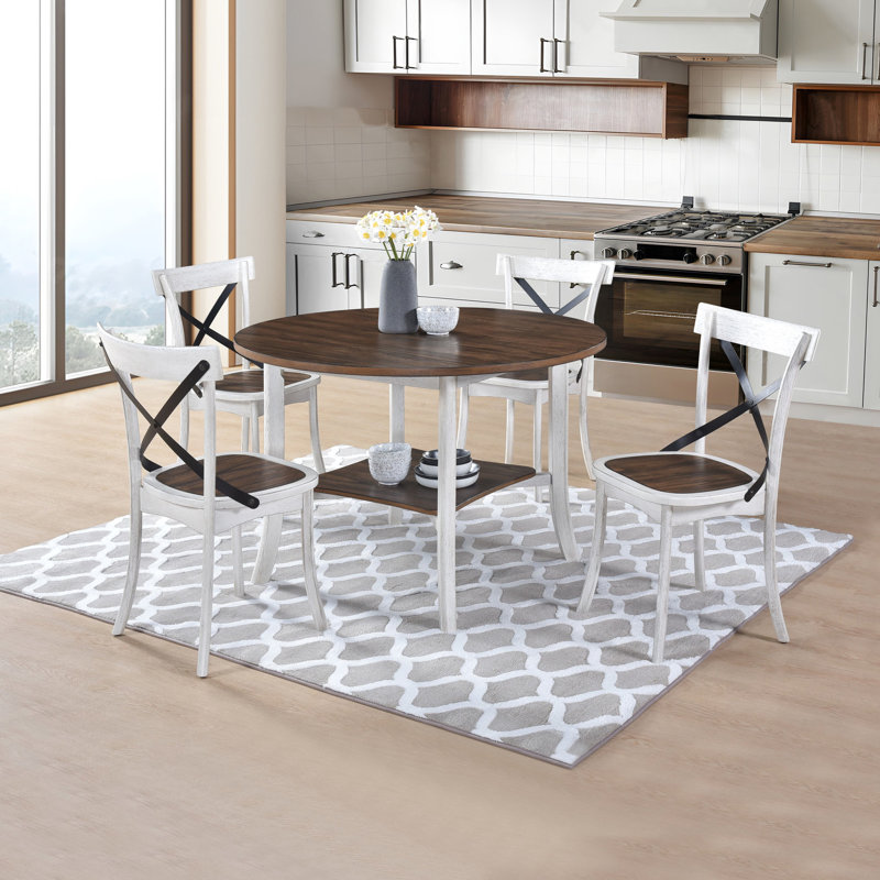 Arrangement de salle à manger rond - chaises élégantes, rangement pratique sur table élégante et 4 accents en bois blanc foncé