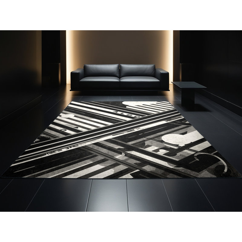 Machine Washable Marvale Field Hockey Stick Ball Modern & Contemporary Striped Rug in Black – Black Binding, 4x6
