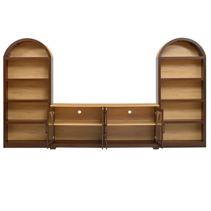 Meuble télé avec bibliothèque pour téléviseur de 70 po ou moins, meuble audio-vidéo avec design arqué, naturel, Brun