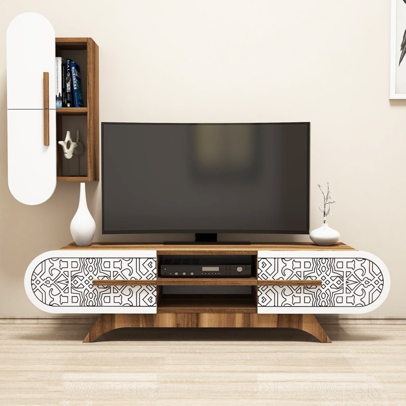 Meuble télé moderne avec tablette murale, noyer et blanc, 57,1 po x 14,6 po x 13,8 po | 100% panneau de particules enduit de mélamine, épaisseur: 0,7 pouce | Comprend de nombreuses tablettes, une conception géométrique et une fixation murale pour une élégance compacte
