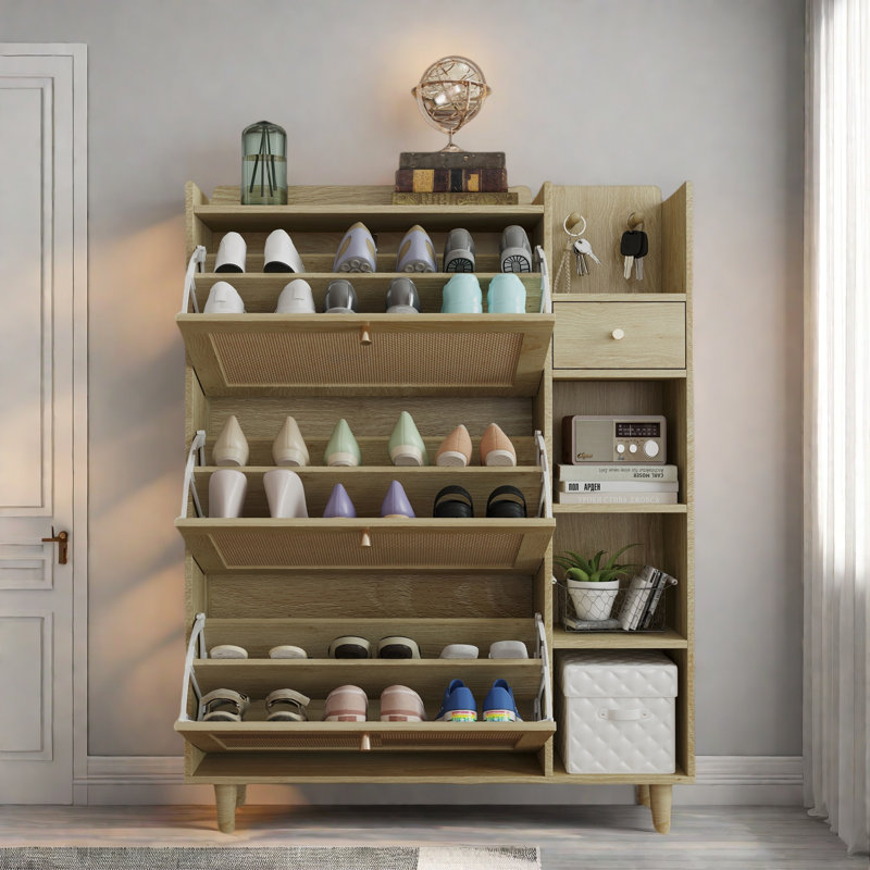 Bohemia Style Shoe Cabinet With 3 Rattan Flip Drawers, 3 Square Shelves And 1 Storage Drawer And Key Hooks, Natural Wood