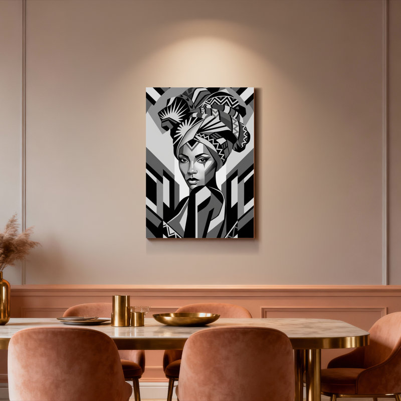 Tableau géométrique représentant une femme africaine coiffée d'un foulard, sur toile tendue (lot de 1)., H 30 po x l 20 po
