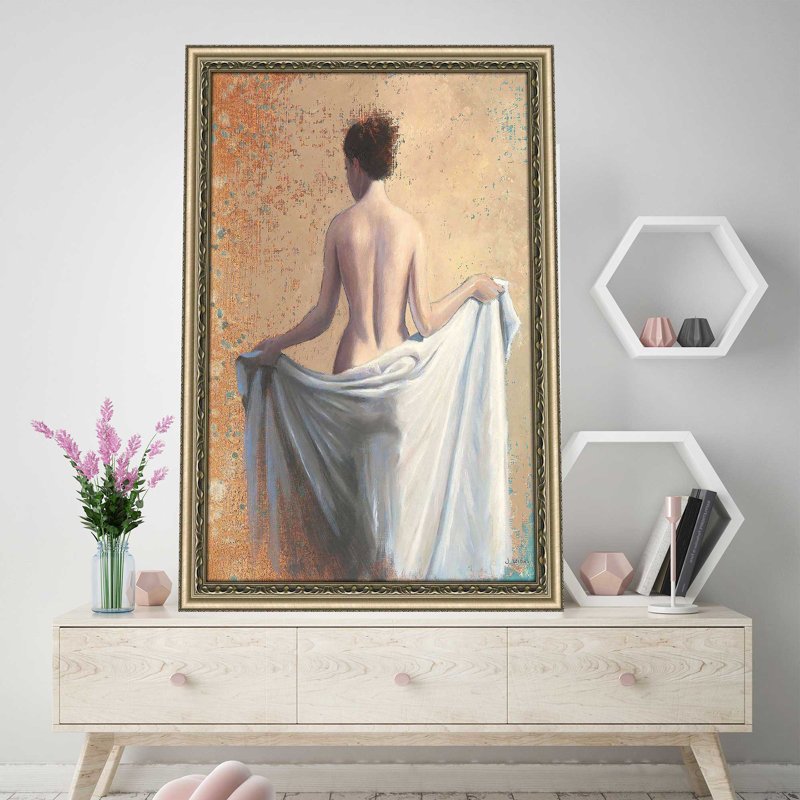 Après le bain corail par James Wiens - Peinture, Encadrement champagne, H 27,5 po x l 21,5 po x P 0,75 po