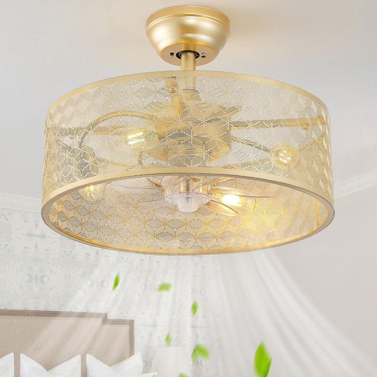 Boho Ceiling Fan With Light And Remote Control, 6-Speed Reversible Motor, Caged Design With Metal Engraving For Bedroom, Living Room, Nursery