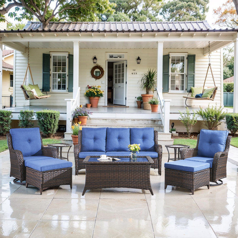 Bonia 8 Piece Wicker Rattan Sofa Seating Group with Cushions, Brown, Blue