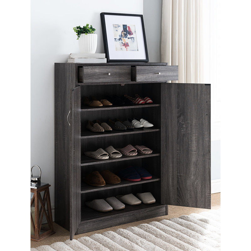 Range-chaussures 15 paires - gris, deux portes et tiroirs inclus Porte grise avec tablettes de tiroir, convient aux paires