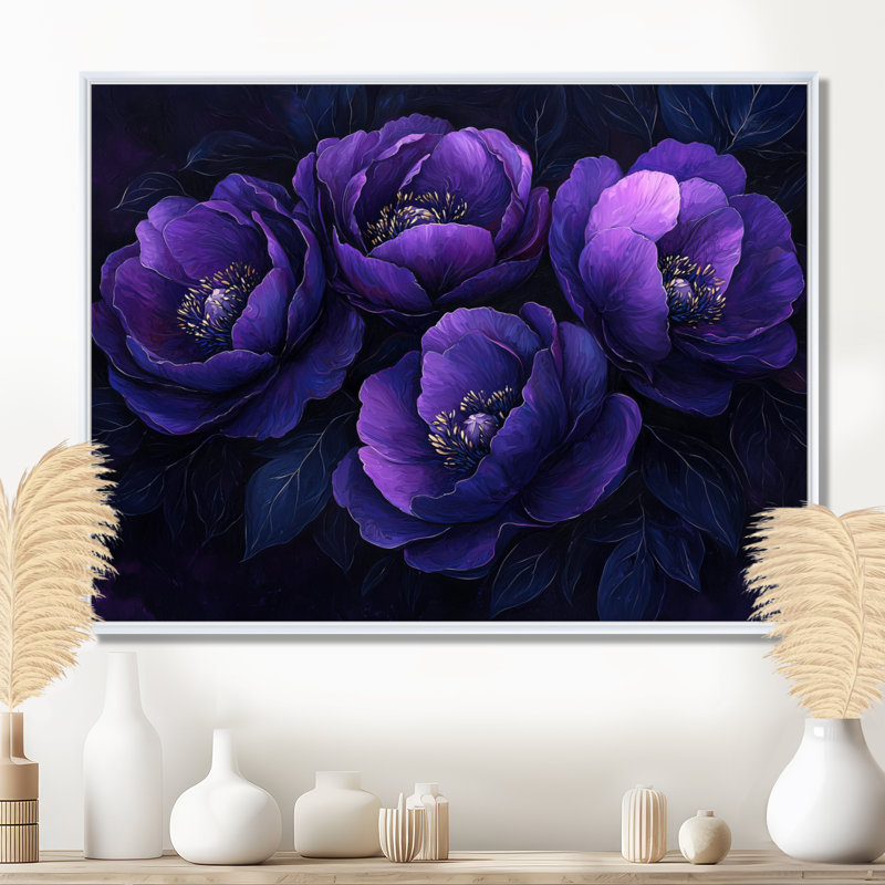 Pivoines mauves, Midnight Bloom II - pivoines, art mural, H 12 po x l 20 po, Impression encadrée flottante, Blanc