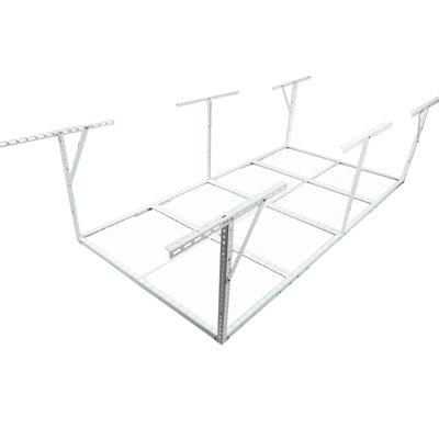 White 4x8ft Metal Garage Ceiling Rack, 600 Lb. Load, 22'' - 40" Adjustable To Up Floor For Equipment Heavy Duty Overhead Rack Garage, Capacity, Drop Down Tool Storage