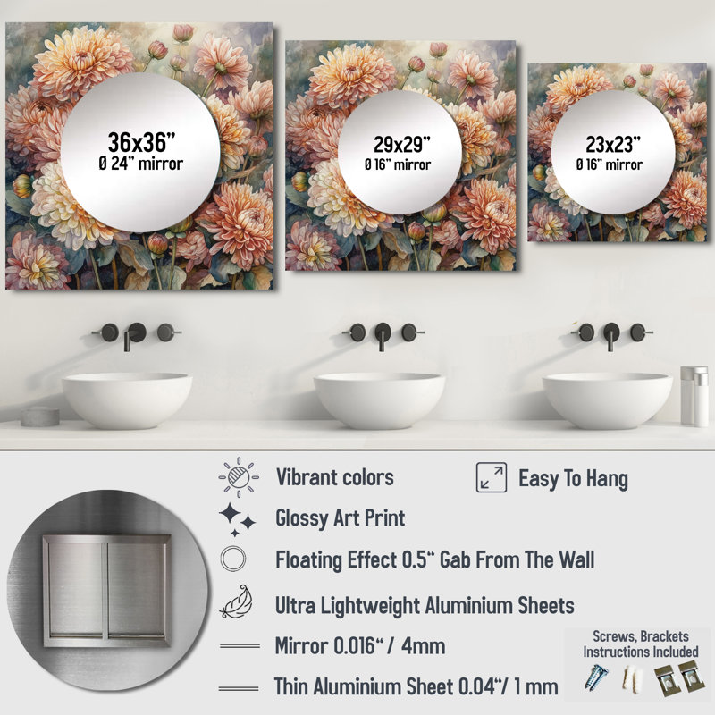 Nutile - Décoration murale miroir chysanthemum floral pour chambre à coucher, 23 po x 23 po