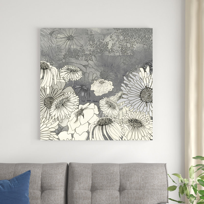 Fleurs sur fond gris I, H 36 po x l 36 po x P 1,25 po