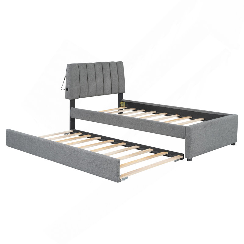 Lit plateforme tapissier simple avec lit gigogne Teddy, Gris