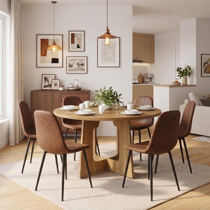 Ensemble de salle à manger 7 pièces avec chaises rembourrées, Chêne, 7 pièces : table, 6 chaises, Brun
