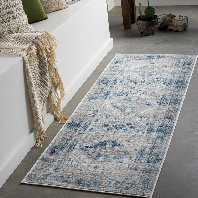 Lake City Oriental Area Rug, Sky Blue/Light Gray//Navy, Runner 78cm x 220cm