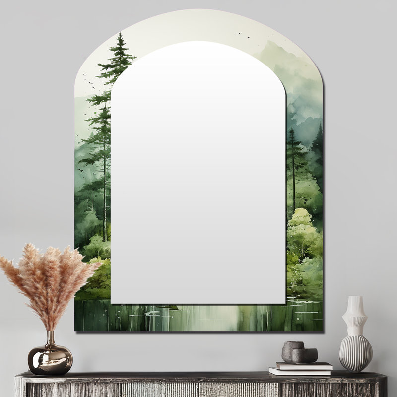 Forest - Enigmatic Forest - miroir asymétrique Forest, miroir mural décoratif Green Arch, impression sur métal, 43 po x 33 po
