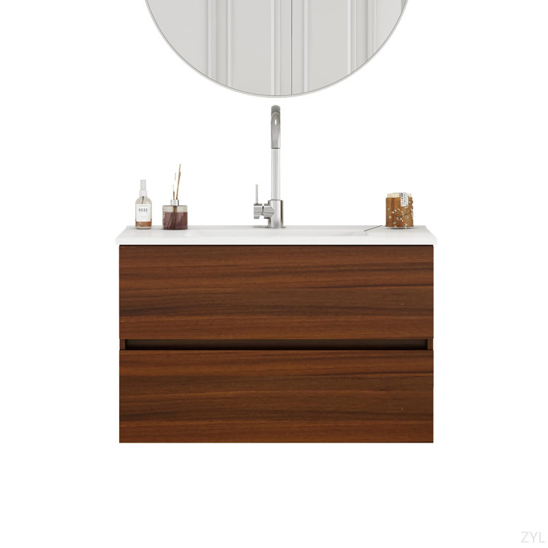 Meuble-lavabo mural de 32 po avec tiroirs, système de fermeture en douceur, évier en céramique, conception sans poignée, bois massif, facile à installer, le robinet n'est pas inclus
