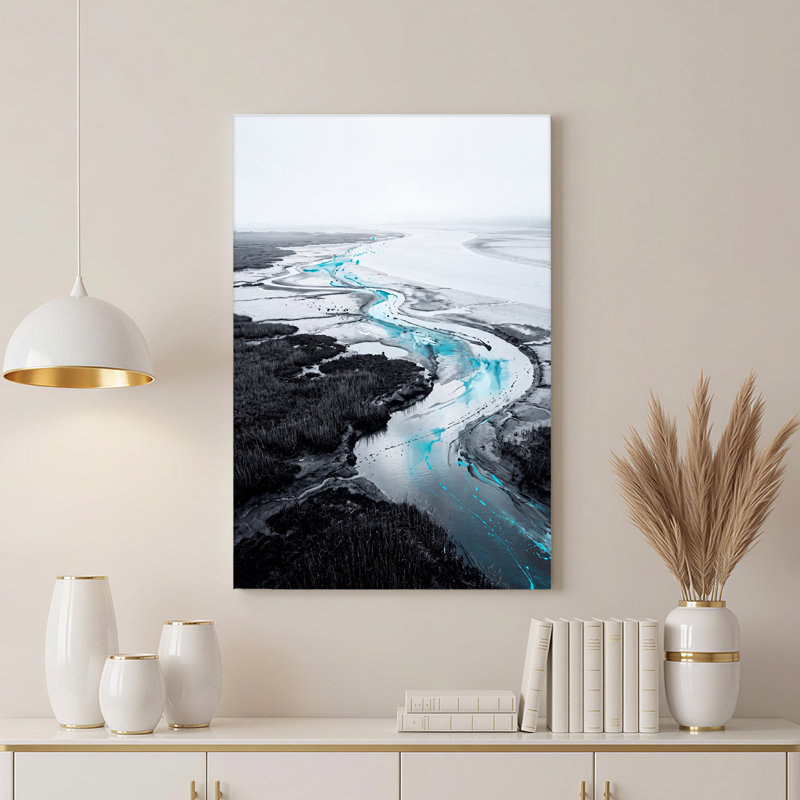 «Winding River with Cyan Water In Grayscale Marshland», art mural, 18"H x 12"W