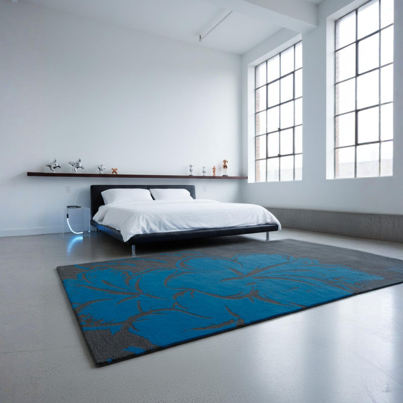 Dooling Authentic Hand-Tufted Handmade Cobalt Blue & Charcoal Modern Pop Art Oversized Hibiscus Bloom Wool Area Rug