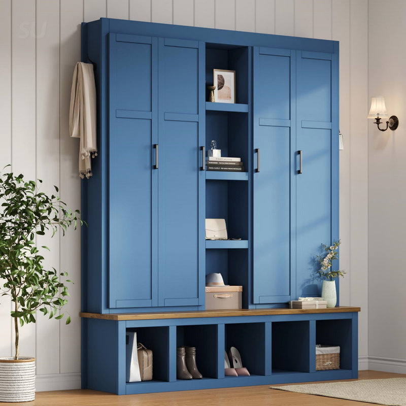 62.9"W Farmhouse 4-In-1 Hall Tree With 6 Hanging Hooks, Mudroom Wood Grain Bench With Open Compartments, Blue