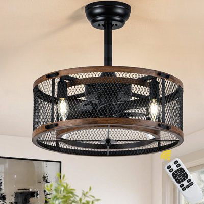 20" Farmhouse Caged Ceiling Fan with Light, Rustic Black Bladeless Ceiling Fan with Remote, Industrial Low Profile Fandelier