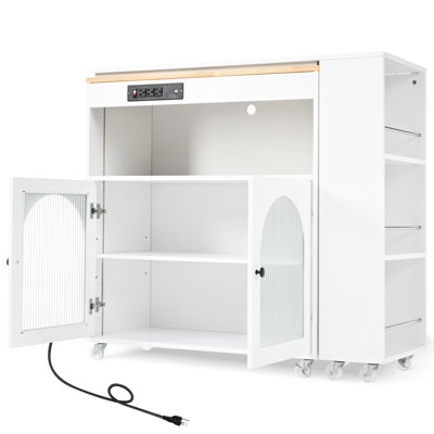 White Rolling Kitchen Island With 2 Ports, Fluted Glass Doors, Convenient & Elegant Modern Storage Shelf - Extended Tabletop, Led , Door, Power Socket,