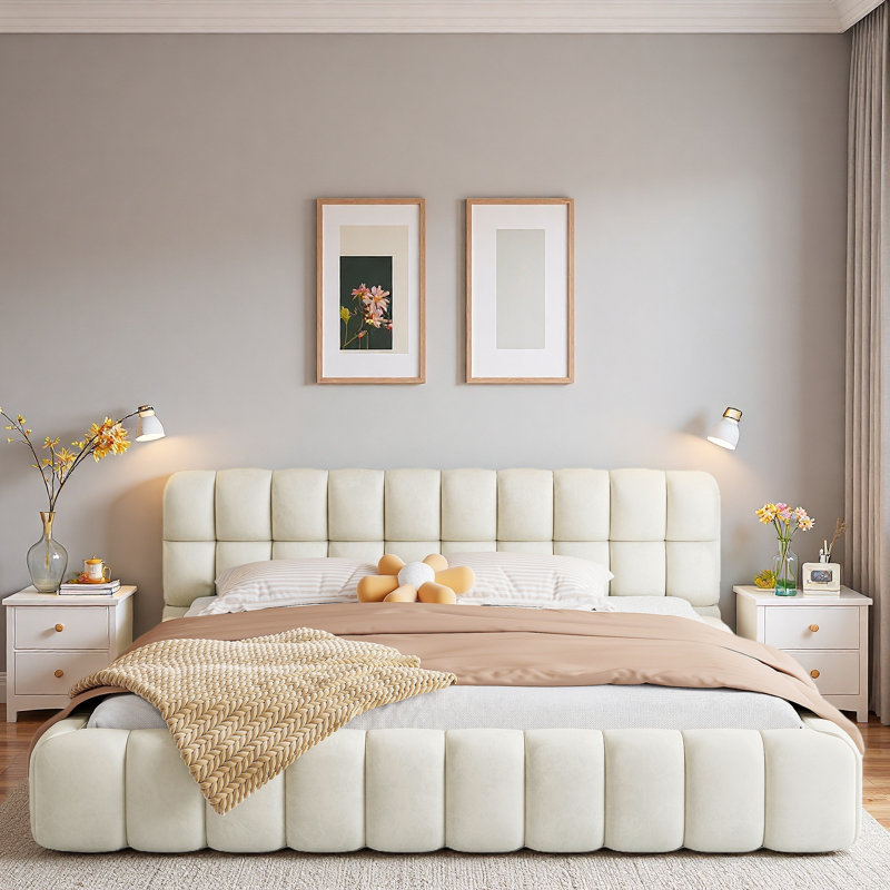 Lit plateforme tapissier avec coutures et soutien solide, Beige