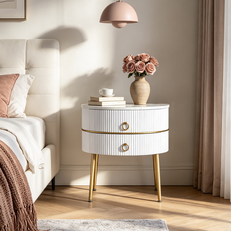 Midwest 21.85" H 2-Drawer End Table, White Marble/Gold