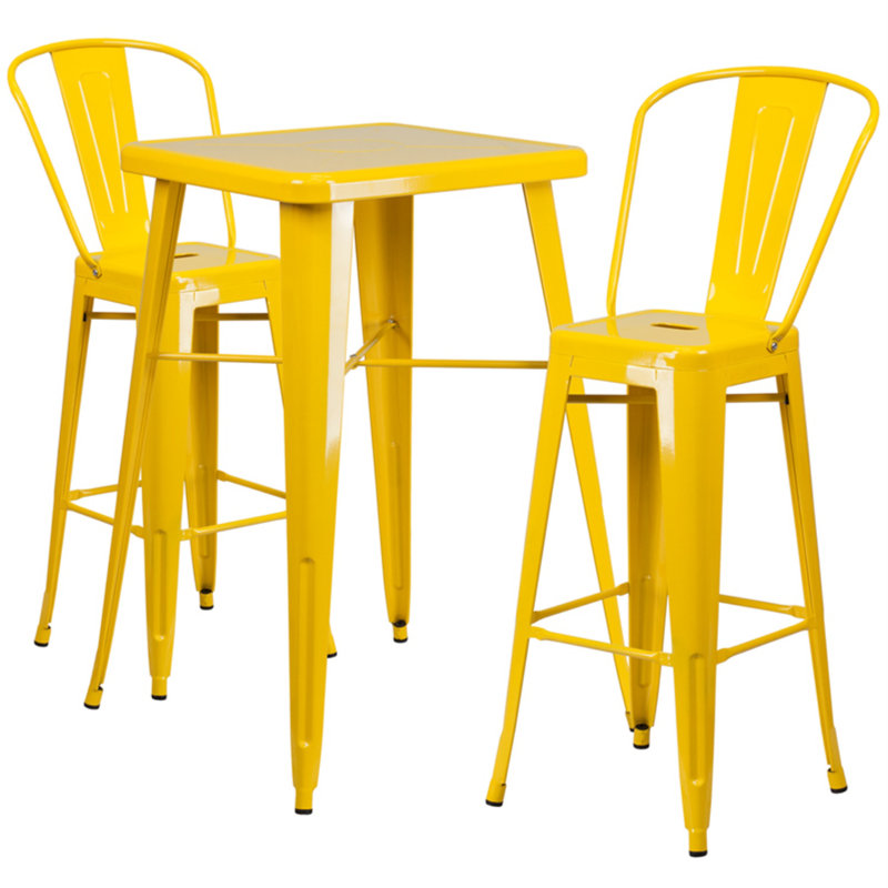 Toquerville Square Metal Indoor-Outdoor Bar Table Set with 2 Stools with Backs, Yellow