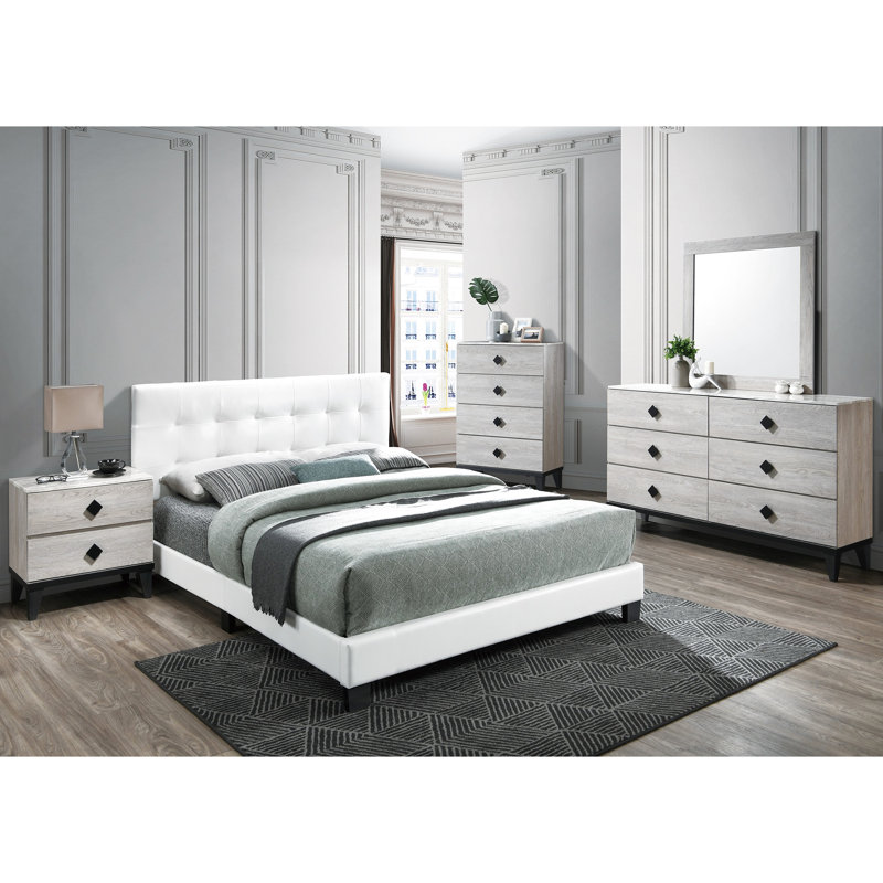 Base de lit grand en similicuir blanc, tête de lit rectangulaire de style contemporain, pieds de soutien centraux, sans base, taille réglable en cuir, conception, structure stable, pieds