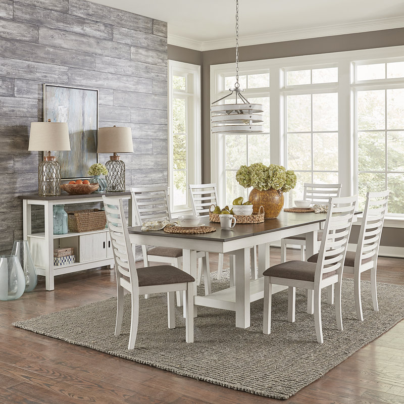Luz Trestle Dining Table Set w/ 6 Upholstered Chairs, 7 Pieces: Table, 6 Chairs, Dark Brown/White