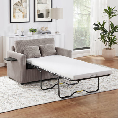 Corduroy 47.2" Loveseat Pull-out Sleeper Sofa Bed with a Foldable Mattress, a Foldable Side Table, a Side Storage Pocket and Two USB Ports for Living Room