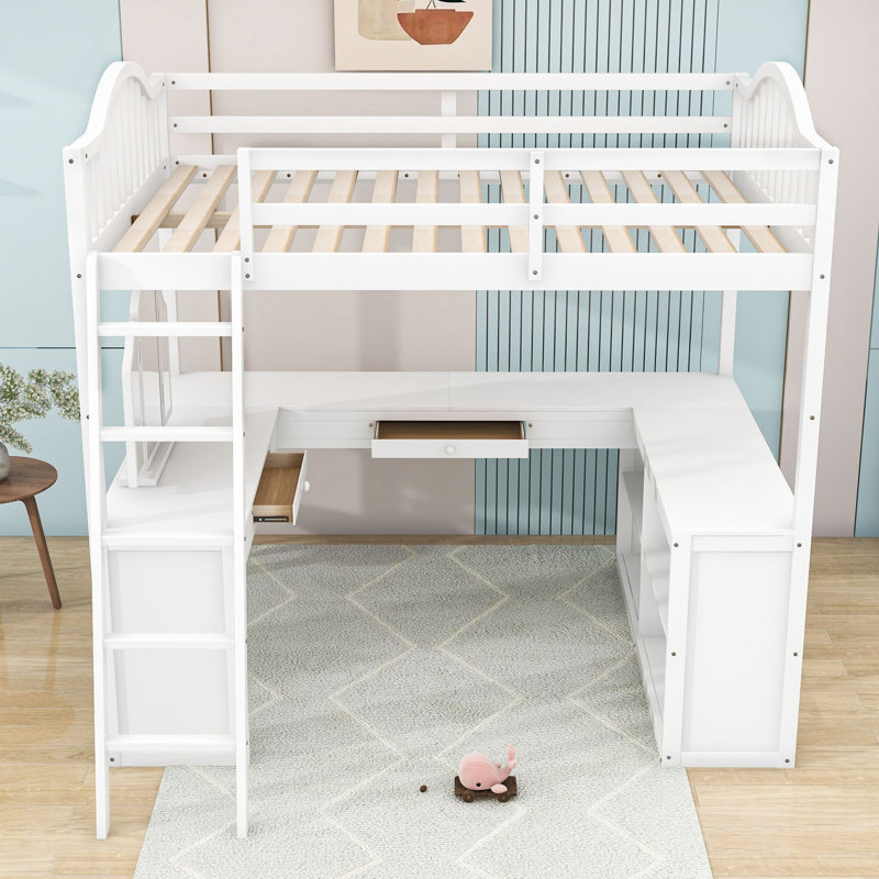  Lit mezzanine double en bois Kaveah avec bureau et compartiments de rangement, Blanc