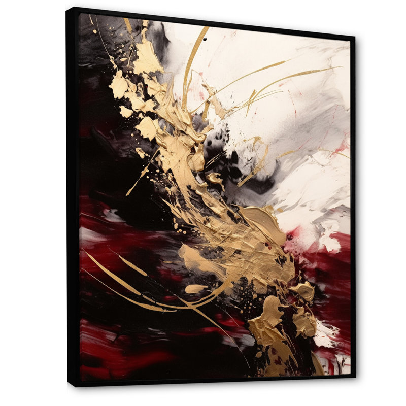 Or et fluide rouge fusion I - art mural abstrait, H 44 po x l 34 po, Noir, Reproduction avec cadre flottant