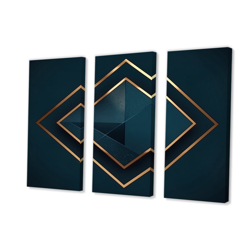 Rétro géométrie de diamant en bleu et or sur toile, 3 pièces, H 40 po x l 60 po x P 1 po