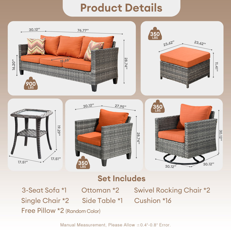 GRS Premium All-Weather Wicker 9 - Person Patio Conversation Set with Cushions, No, Orange