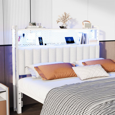 Full Size Headboard, Adjustable Upholstered Headboard With 2 Tier Shelves And Pegboard With Charging Stations And LED Lights, Modern Bed Headboard With Storage Linen And White