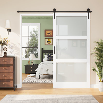 Porte de grange coulissante en verre givré de 84 po de hauteur 84 po - Porte de garde-robe intérieure en MDF et bois massif 3-Lite avec quincaillerie d'installation (avec fermeture en douceur incluse)