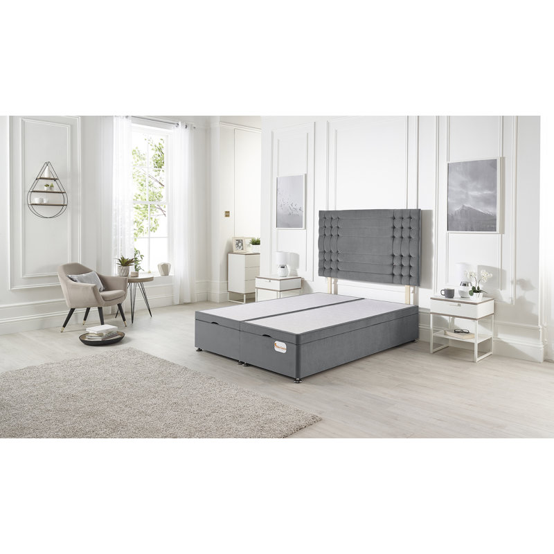 Luxara Solid Wood End Opening Ottoman Bed Frame Plush Velvet, Charcoal, Double (4'6)
