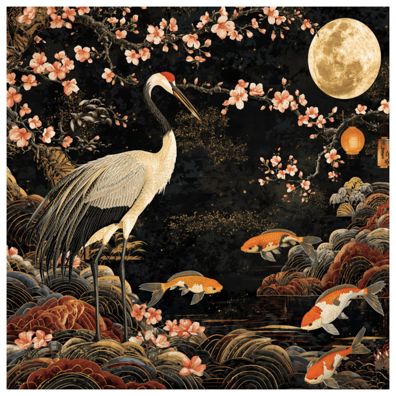 Rideaux Crane Koi Moon Cherry Blossoms, Blocage, 50" x 80" - 1 Panel