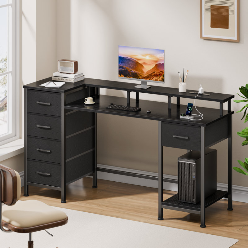 Computer Desk with Monitor Stand & Charging Station, Gaming Desk with LED Lights & Drawers, Black