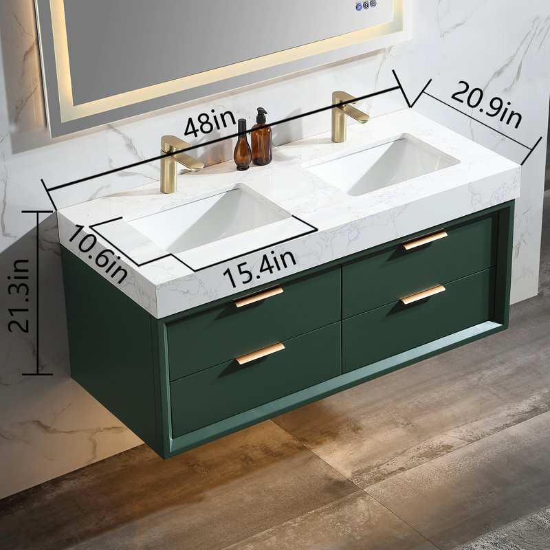Meuble-lavabo mural en bois flottant avec plateau en résine de pierre blanche, Vert, 48"