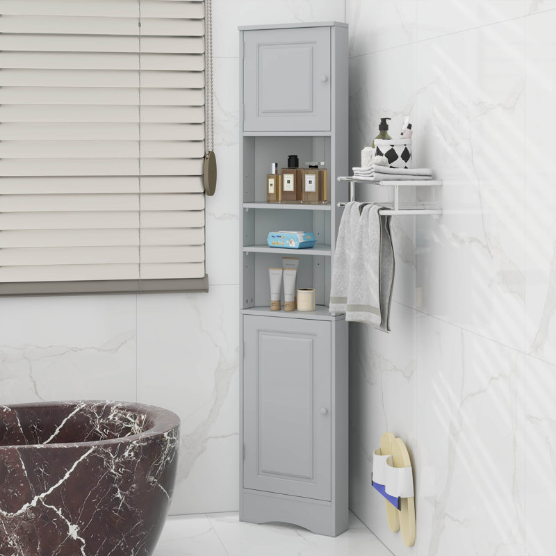 Tall Corner Bathroom Cabinet With Adjustable Shelves & Two Doors, Gray
