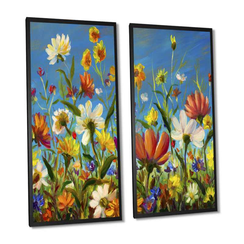 «Summer Flower Field Blue», ensemble de 2 peintures sur toiles, H 40 po x l 40 po x P 1 po, Cadre photo noir